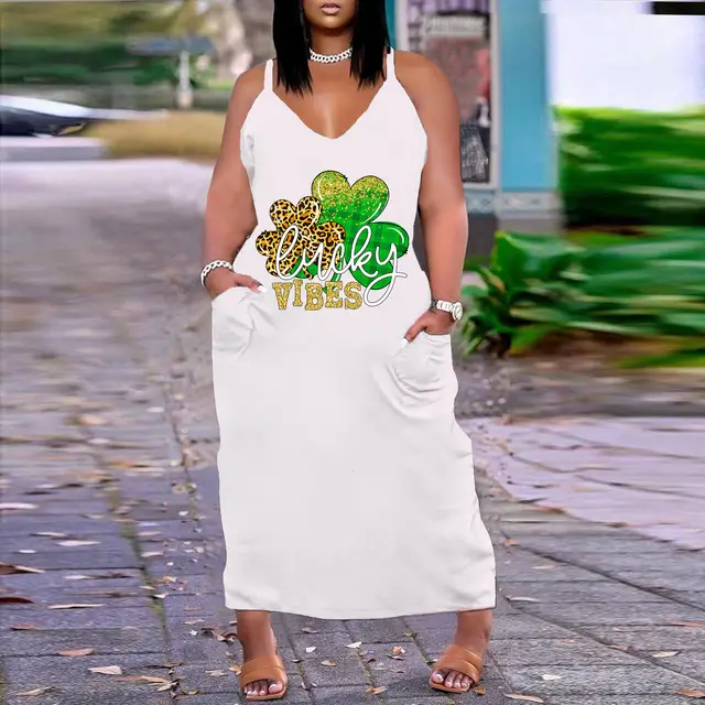 European And American Sexy V neck Loose Slim Strap Midi Plus Size Printed Dress 19 White - Shop at LoveMi