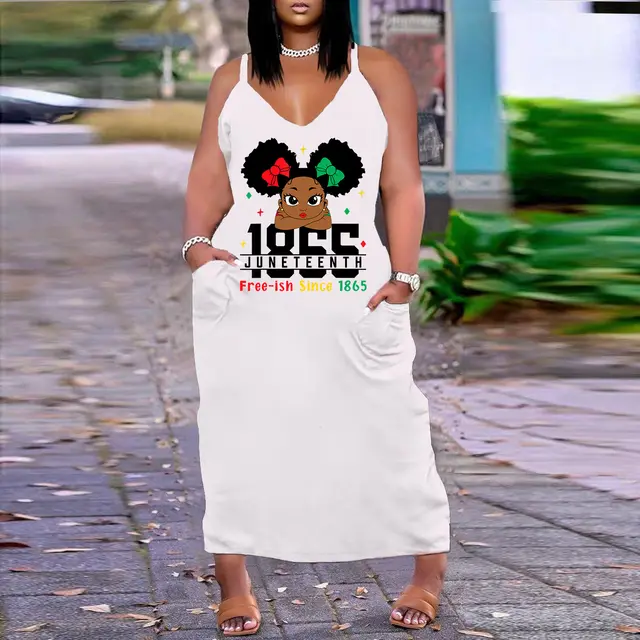 European And American Sexy V neck Loose Slim Strap Midi Plus Size Printed Dress 30 White - Shop at LoveMi