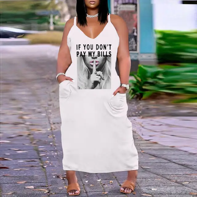 European And American Sexy V neck Loose Slim Strap Midi Plus Size Printed Dress White Fingers - Shop at LoveMi