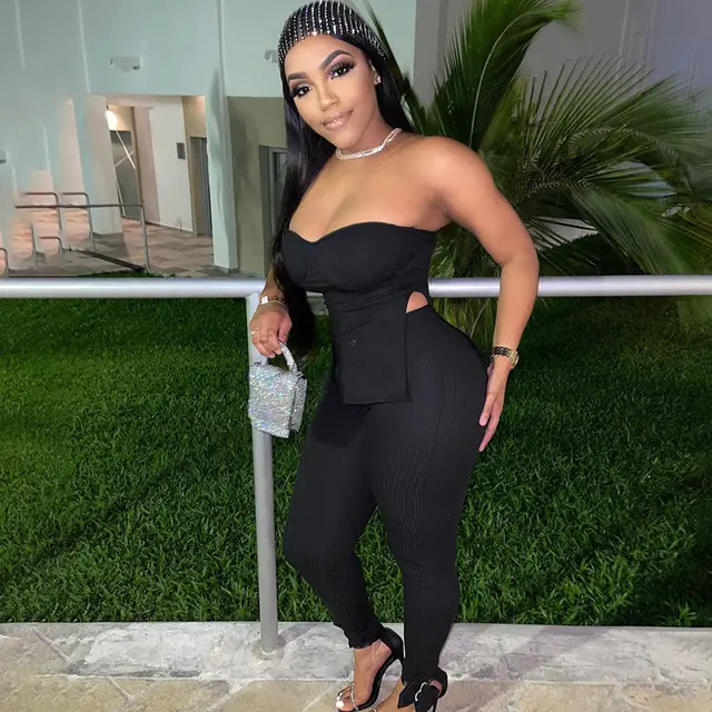 European And American Solid Color Stitching Off shoulder Sexy Backless Slit T shirt High Waist Casual Trousers Suit Black - Shop at LoveMi