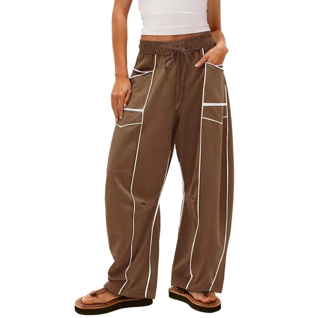 Y2K Black Striped Wide leg Pants With Pockets Fashion Loose Drawstring Trousers Sports Sweatpants Women's Clothing Dark Brown - Shop at LoveMi