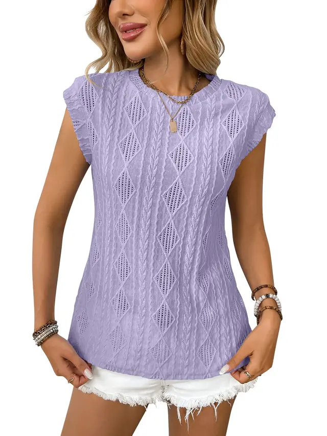 Jacquard Short Sleeve Loose T shirt Vest For Women Purple - Shop at LoveMi