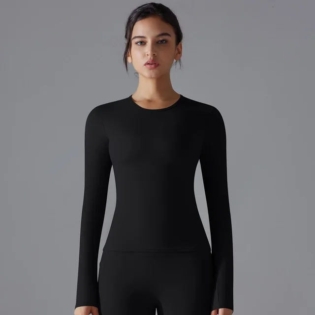 Double sided Brushed Nylon Long Sleeve Yoga Wear Nude Feel Black - Shop at LoveMi