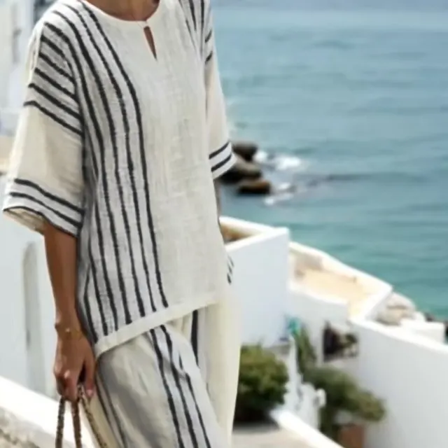 Round Neck Striped Short Sleeve Cotton And Linen Top Casual Pants Black Stripes - Shop at LoveMi