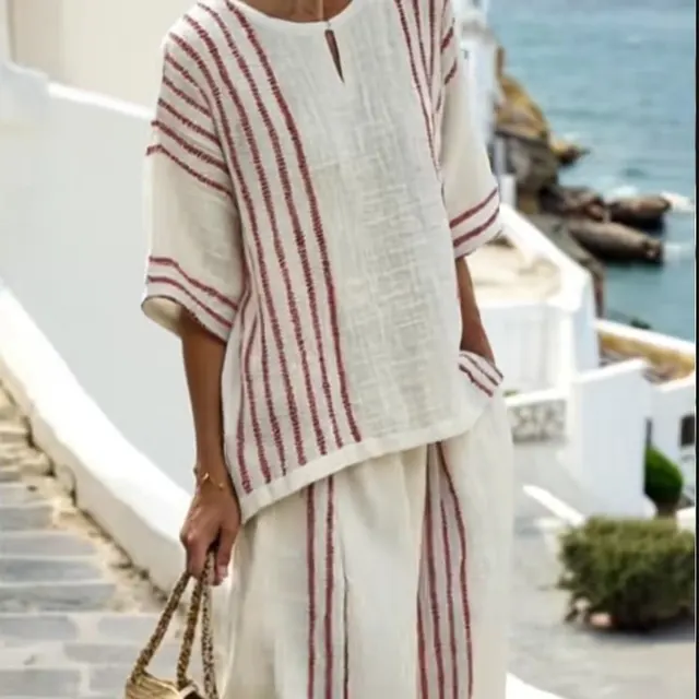 Round Neck Striped Short Sleeve Cotton And Linen Top Casual Pants Red Stripes - Shop at LoveMi