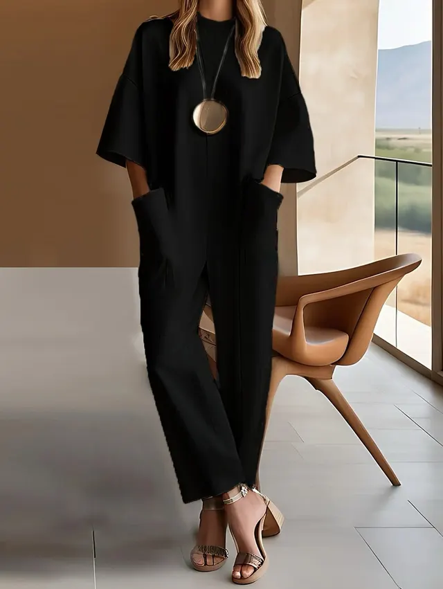 Round Neck Half Sleeve Pocket Solid Color Long Jumpsuit Black - Shop at LoveMi