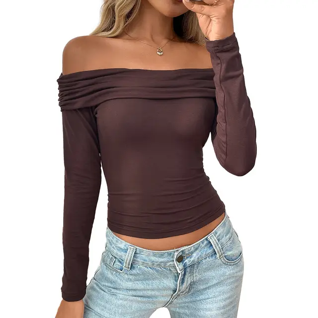 Y2g Pleated Off shoulder Long Sleeve Sexy Hot Girl Top Brown - Shop at LoveMi