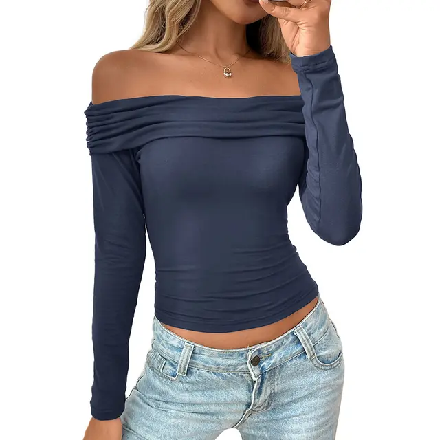 Y2g Pleated Off shoulder Long Sleeve Sexy Top Navy Blue - Shop at LoveMi