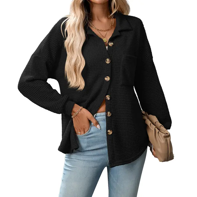 Loose Waffle Leisure Commute All matching Shirt Black - Shop at LoveMi