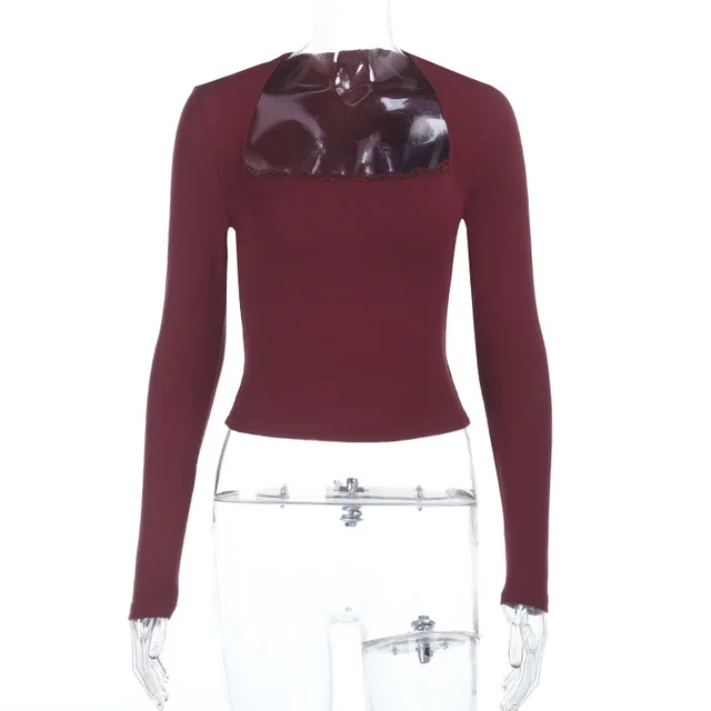 Square Collar Top Slim Fit Slimming Long Sleeves Commuter T shirt Wine Red - Shop at LoveMi
