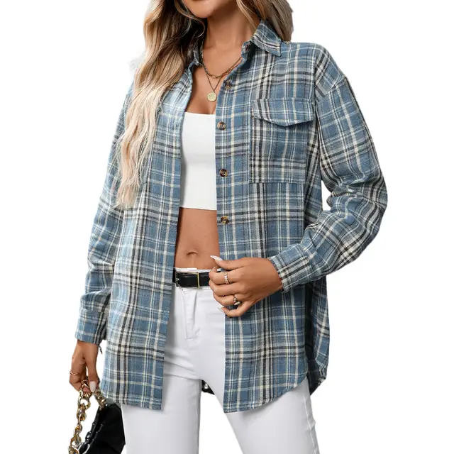 Casual Fashion Loose Plaid Pocket Shirt For Women Denim Blue - Shop at LoveMi