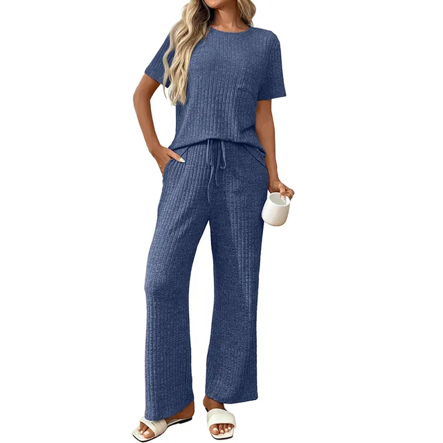 Solid Color Rib Fabric Pajamas Round Neck Short Sleeve Trousers Homewear Suit Blue - Shop at LoveMi