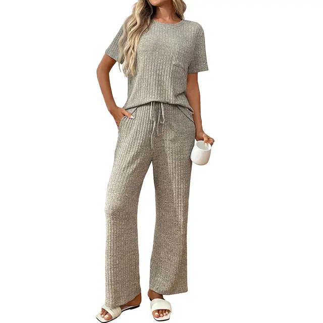 Solid Color Rib Fabric Pajamas Round Neck Short Sleeve Trousers Homewear Suit Khaki - Shop at LoveMi