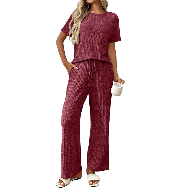 Solid Color Rib Fabric Pajamas Round Neck Short Sleeve Trousers Homewear Suit Wine Red - Shop at LoveMi