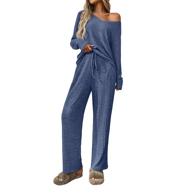 Sunken Stripe Pajamas Round Neck Long Sleeve Trousers Homewear Suit Blue - Shop at LoveMi