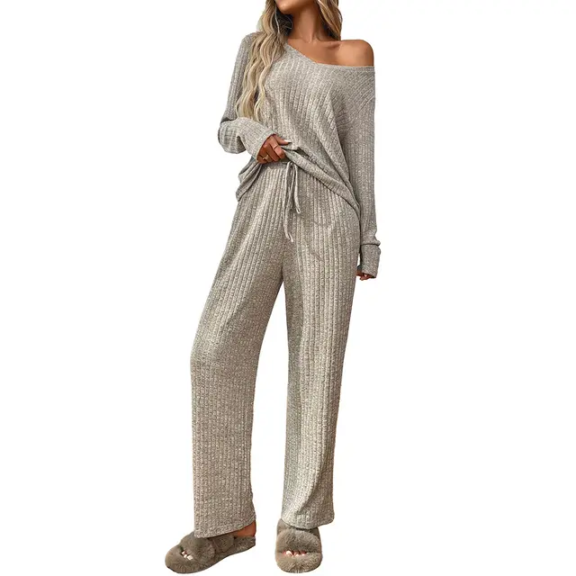 Sunken Stripe Pajamas Round Neck Long Sleeve Trousers Homewear Suit Khaki - Shop at LoveMi