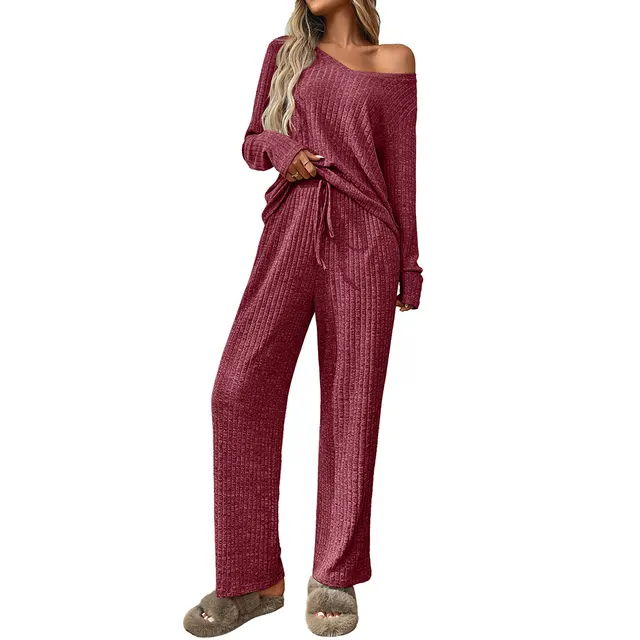 Sunken Stripe Pajamas Round Neck Long Sleeve Trousers Homewear Suit Wine Red - Shop at LoveMi
