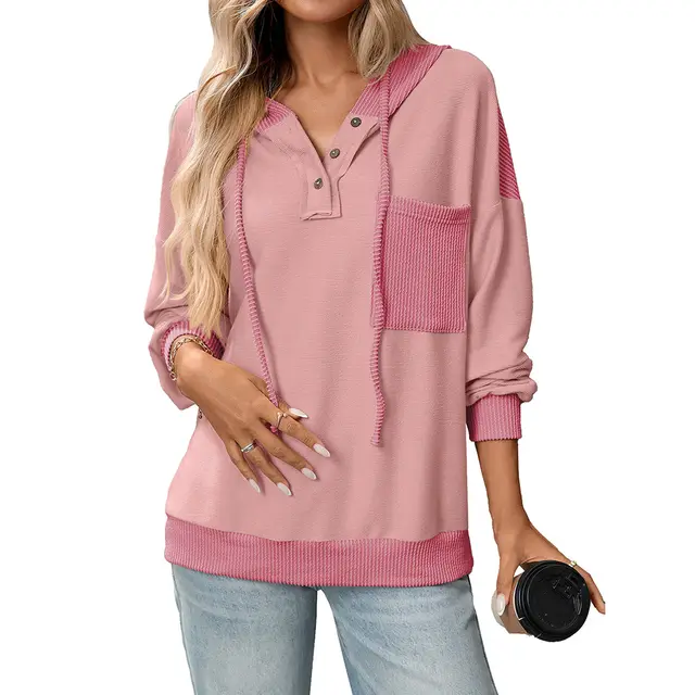Women's Contrast Color Twist Strip Hooded Sweater Rosy - Shop at LoveMi