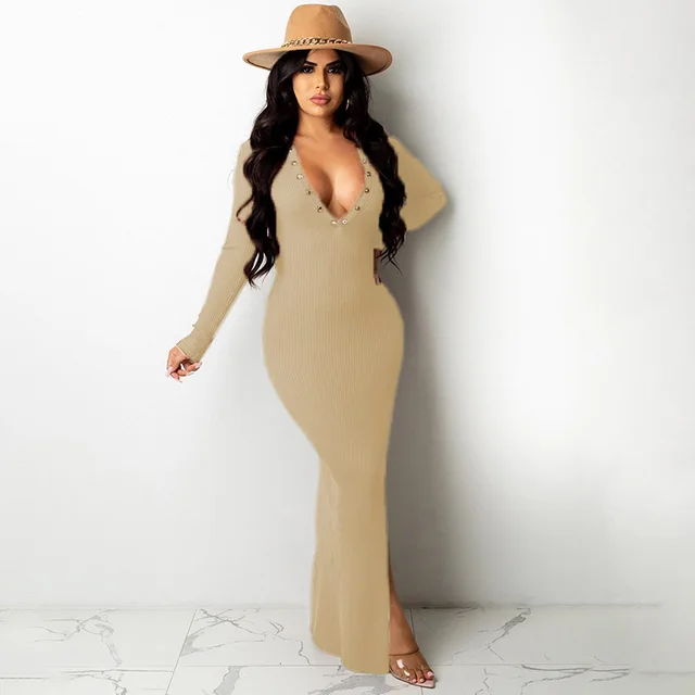 Lapel Backless Long Sleeves Slit Midi Skirt Apricot Beige - Shop at LoveMi