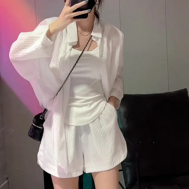 Western Style Striped Sun Protection Shirt Two piece Suit White White Shirt Shorts - Shop at LoveMi
