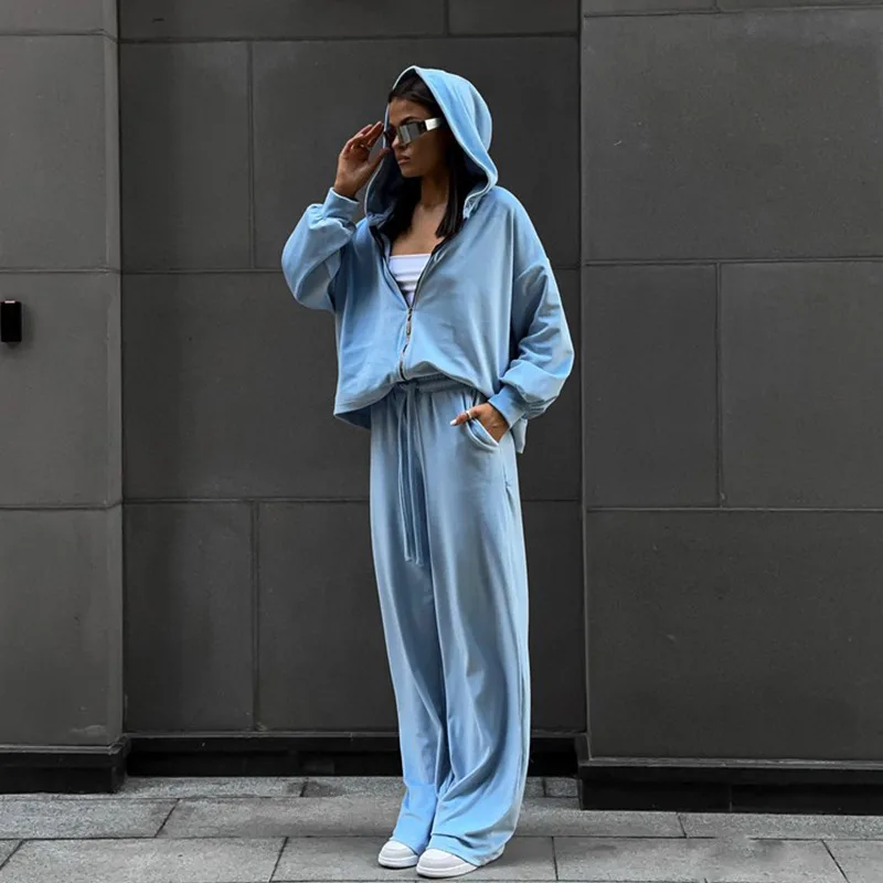 Cardigan Cap Top Sports Trousers Two-piece Set - Sky Blue - View 1