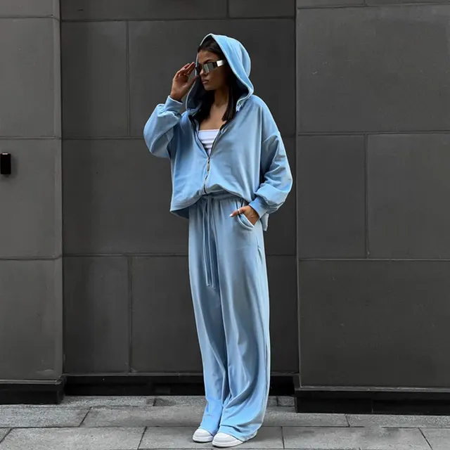 Cardigan Cap Top Sports Trousers Two piece Set Sky Blue - Shop at LoveMi