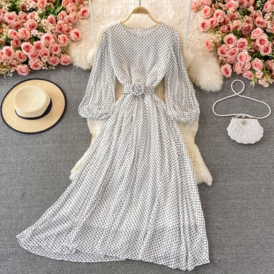 Round Neck Pleated Polka Dot Chiffon Dress White - Shop at LoveMi