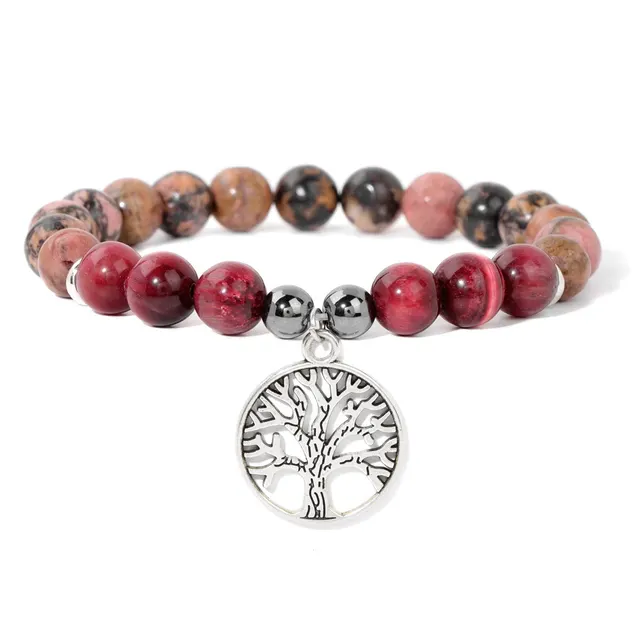 Natural Stone Bead Elastic Bracelet Tree Of Life Pendant Black Line Red Pattern - Shop at LoveMi