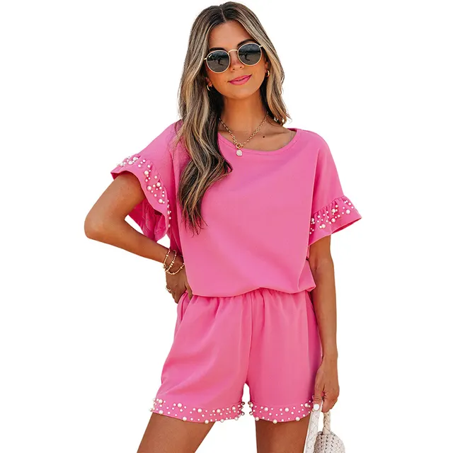 Summer New Solid Color Short sleeved Shorts Two piece Set Rose Red - Shop at LoveMi