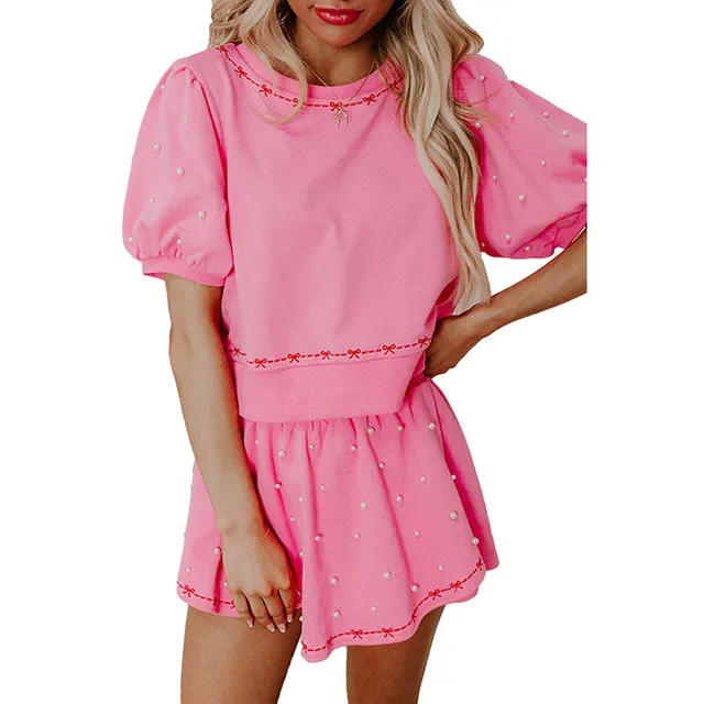 Sweet Style Pearl Stitching Short Sleeve Two piece Set Lc627327P10 - Shop at LoveMi