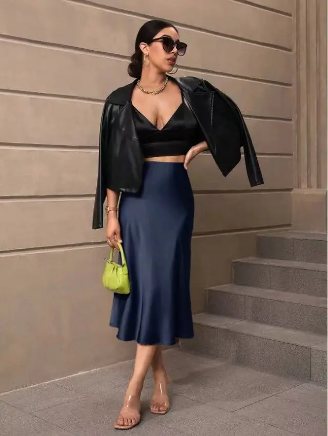 European And American Elegant Style A Line Satin Skirt Dark Blue - Shop at LoveMi