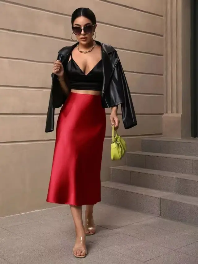European And American Elegant Style A Line Satin Skirt Red - Shop at LoveMi