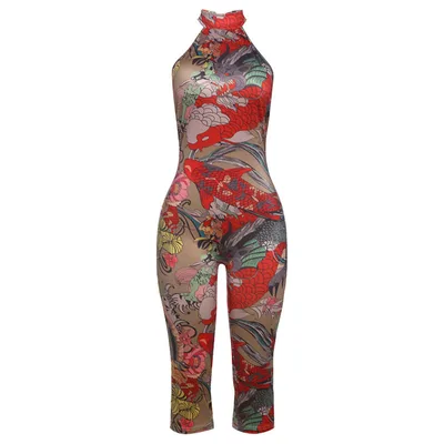 Summer New Personalized Leopard Print Sleeveless Halter Lace up Tight Jumpsuit Red - Shop at LoveMi