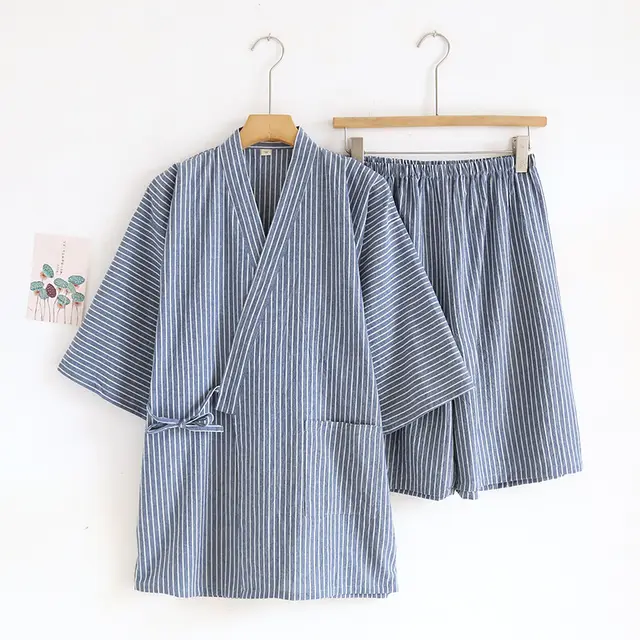 Japanese Lace up Kimono Pajamas Men's Cotton Washed Loose Blue Stripes - Shop at LoveMi