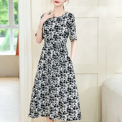 Dress Slimming Waist tight Floral Overknee Dress Loose Summer Dress 4 Flowers - Shop at LoveMi