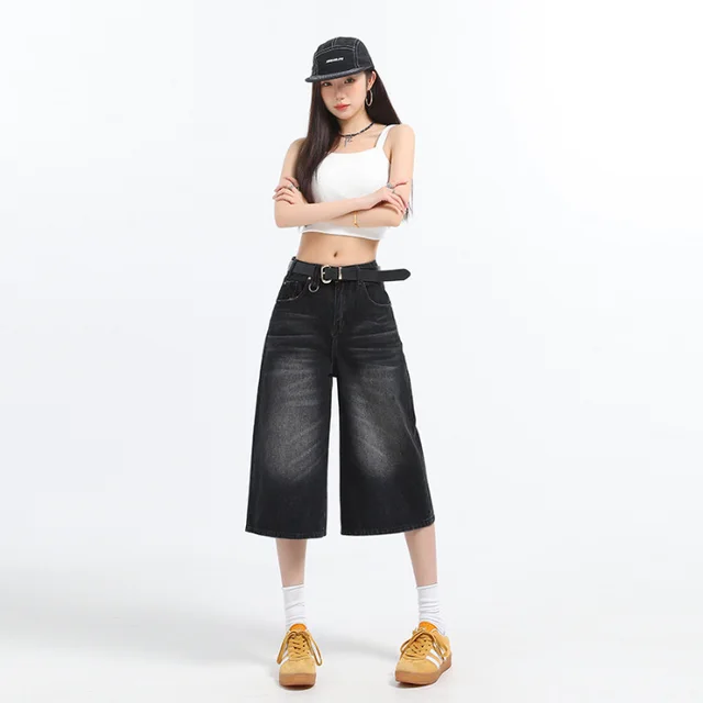 American Retro Washed High Waist Wide Leg Straight Jeans Black And Gray - Shop at LoveMi