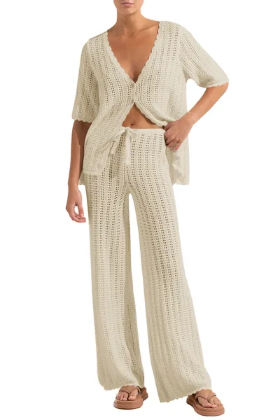 European And American V neck Short sleeved Knitted Sexy Cutout High Waist Trousers Commuter Sweater Suit Apricot - Shop at LoveMi