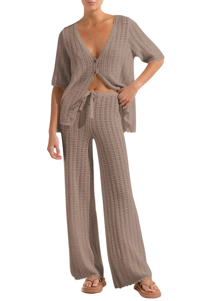 European And American V neck Short sleeved Knitted Sexy Cutout High Waist Trousers Commuter Sweater Suit Khaki - Shop at LoveMi