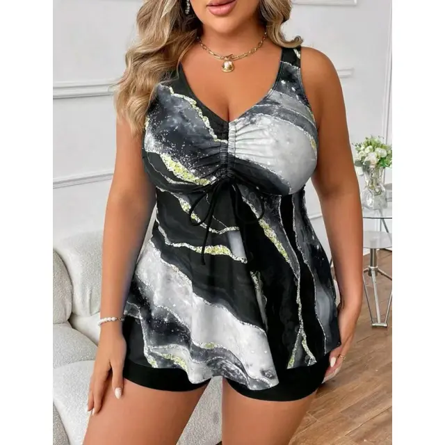 European And American Split Skirt Swimsuit Women's Covering Belly Thin High Waist Fat Woman Swimsuit Tankini Black And Gray - Shop at LoveMi