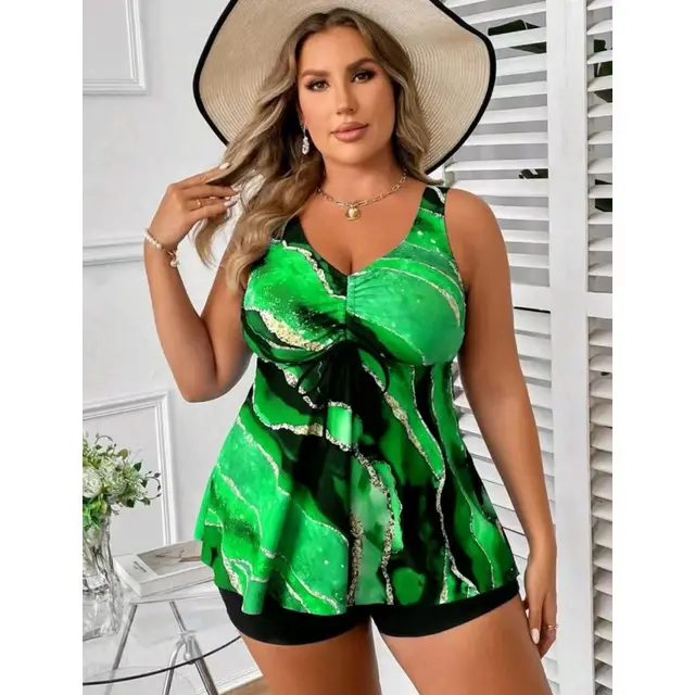 European And American Split Skirt Swimsuit Women's Covering Belly Thin High Waist Fat Woman Swimsuit Tankini Green - Shop at LoveMi