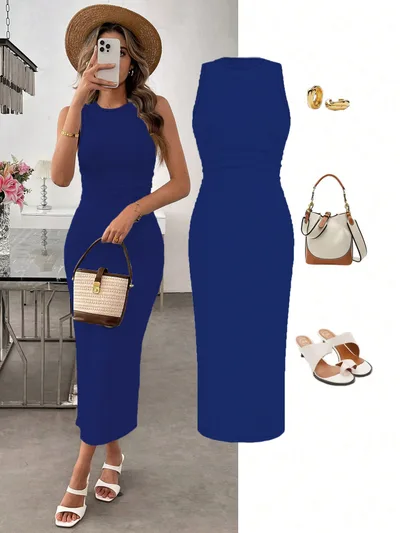Vacation Style Short Sleeve Slit Slim fitting Dress Dark Blue - Shop at LoveMi