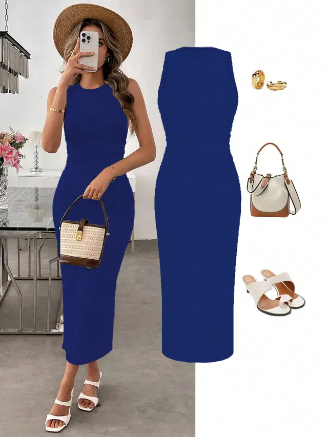 Vacation Style Short Sleeve Slit Slim fitting Dress Dark Blue - Shop at LoveMi