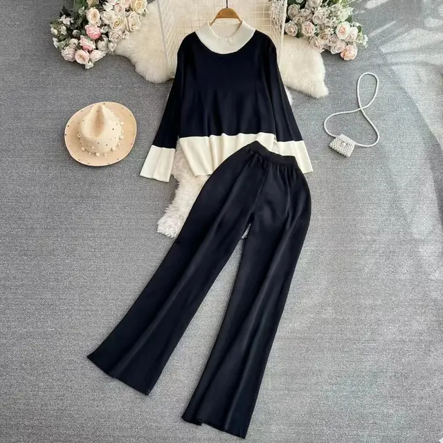Fashion Women's Long sleeved Top High Waist Slimming Wide leg Pants Suit Black - Shop at LoveMi