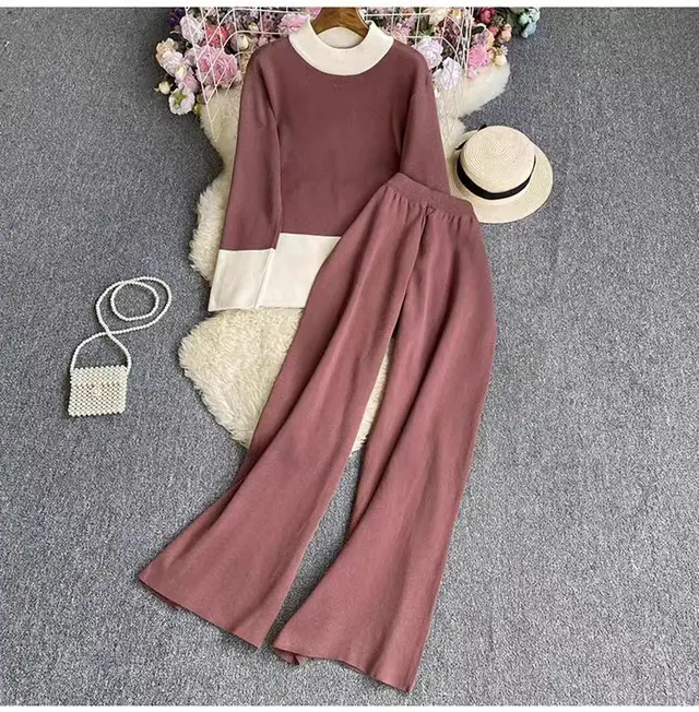 Fashion Women's Long sleeved Top High Waist Slimming Wide leg Pants Suit Brown - Shop at LoveMi