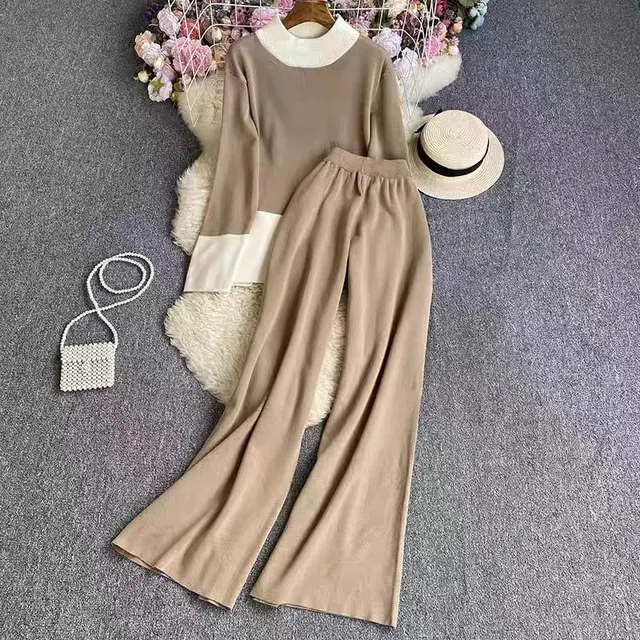 Fashion Women's Long sleeved Top High Waist Slimming Wide leg Pants Suit Khaki - Shop at LoveMi