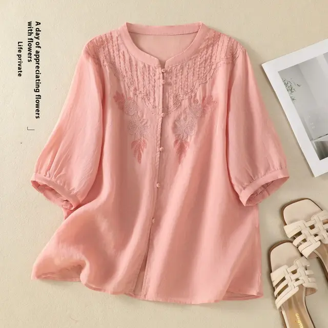 Artistic Retro Embroidery Five quarter Sleeve Stand Collar Shirt For Women Pink - Shop at LoveMi