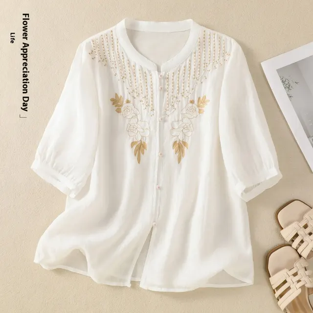 Artistic Retro Embroidery Five quarter Sleeve Stand Collar Shirt For Women White - Shop at LoveMi