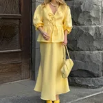 Pleated Lace-up Top Puff Sleeve Skirt - Yellow