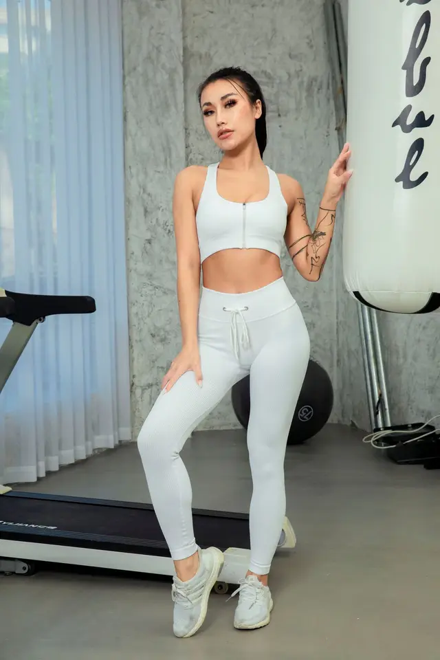 Drawstring Zipper Sports Long Sleeve Workout Clothes Suit G9117 Bra Trousers White Suit - Shop at LoveMi