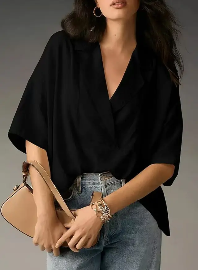 Lapel Casual Loose Top Solid Color Black - Shop at LoveMi